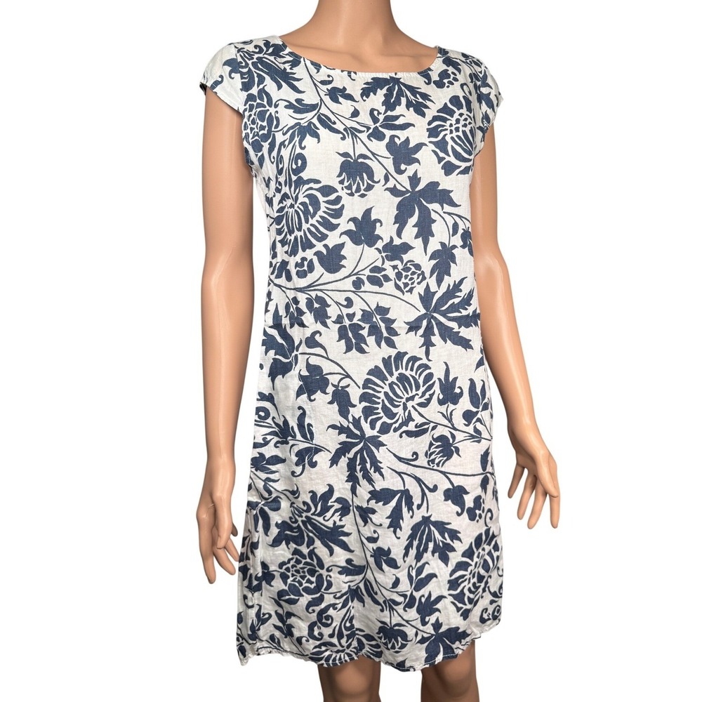 Lina Tomei Made in Italy 100% Linen Floral Cap Sleeve Shift Dress Blue White M